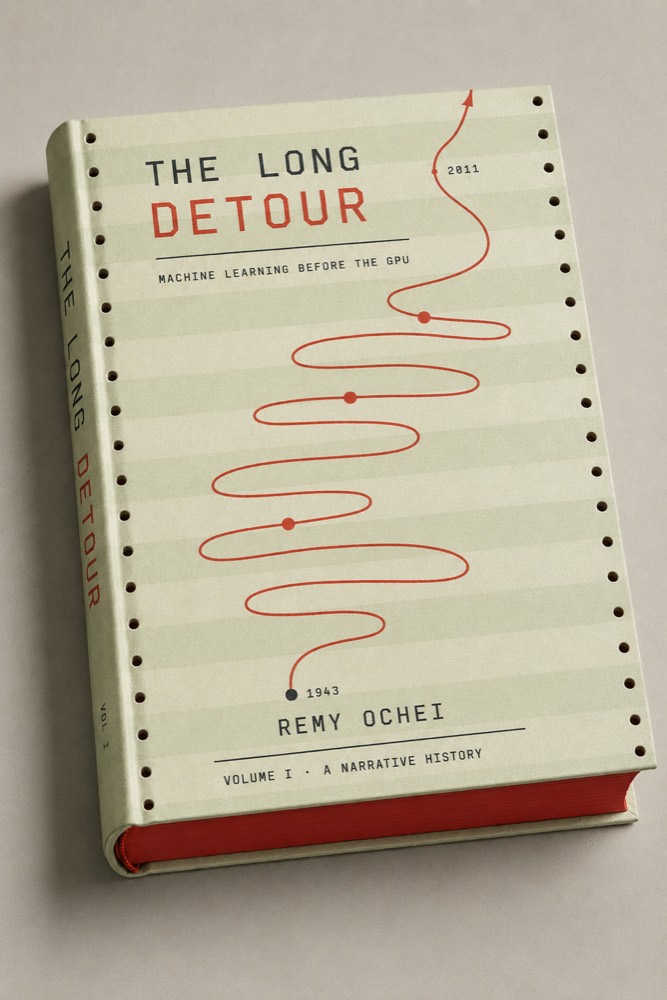 Concept mockup of the hardcover: greenbar jacket with die-cut sprocket
 holes, the red detour line, red-sprayed page edges